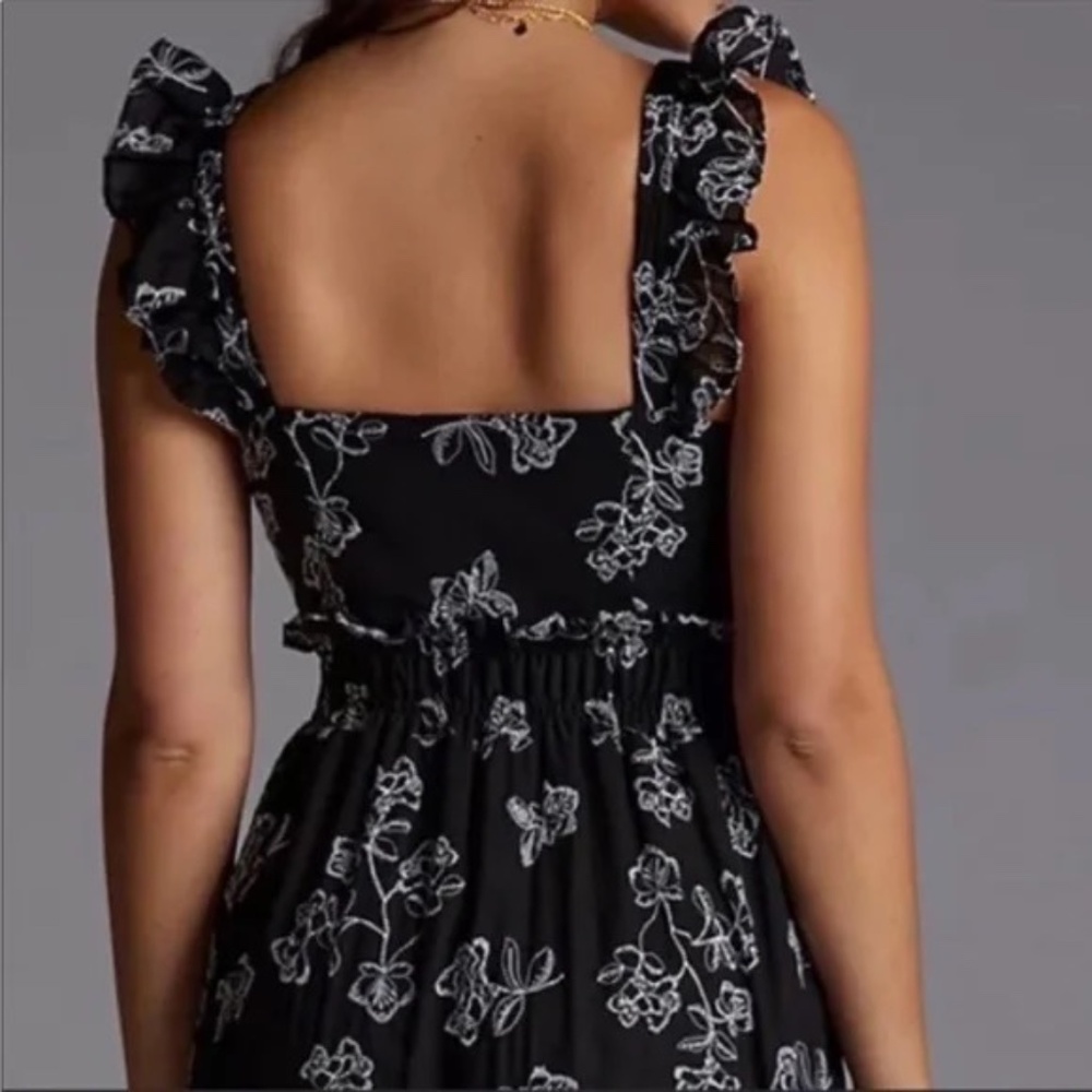 Especia Embroidered Floral Maxi Dress Ruffles Trim Anthropologie Navy - Picture 5 of 10